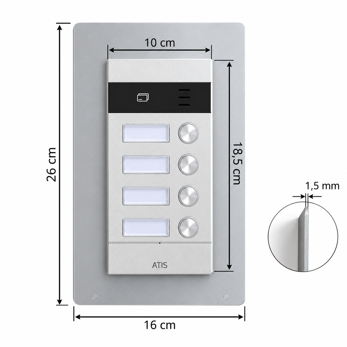 Sistema Atis Pro – Cadre de Finition pour Interphone ATIS 9220-S de 1 à 5 Logements, Cache-Trou, Dimensions Extérieures 26 × 16 cm, Intérieures 17,5 × 9 cm, Épaisseur 1,5 mm Alemán