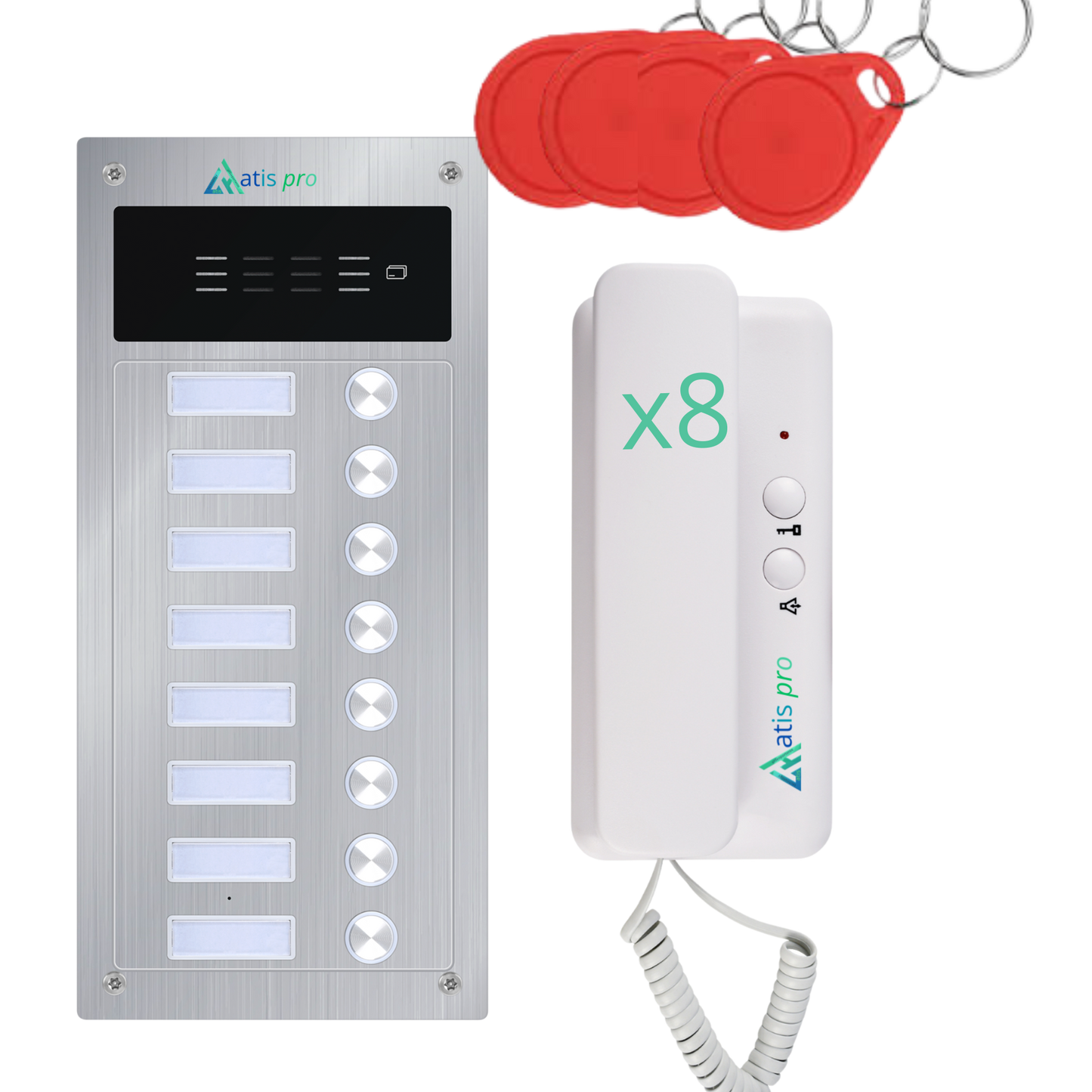 Kit Türsprechanlage 2-Draht – 8 Wohneinheiten, vandalensicher mit RFID-Leser, komplett mit Haustelefonen und Netzteil, sehr einfache Installation, geeignet für Unterputz- und Aufputzmontage.