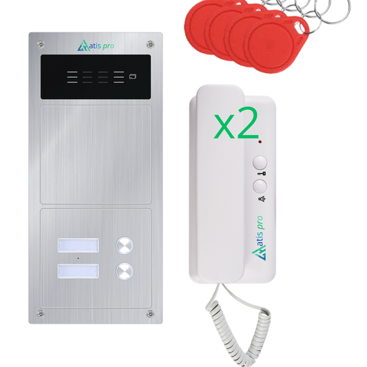 Kit de Portero Automático 2 Hilos  2 viviendas Antivandálico con Lector RFID | Completo con Telefonillos, Fuente de Alimentación | Muy Fácil de Instalar.colocación  para empotrar y en superficie