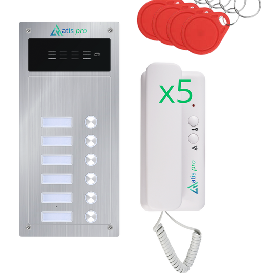Kit de Portero Automático 2 Hilos  5 viviendas Antivandálico con Lector RFID | Completo con Telefonillos, Fuente de Alimentación | Muy Fácil de Instalar.colocación  para empotrar y en superficie