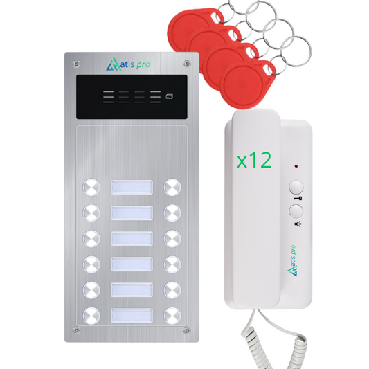 Kit d'interphone 2 fils antivandalisme pour 8 appartements avec lecteur RFID | Livré avec interphones et alimentation | Installation très facile. Installation encastrée ou en saillie.