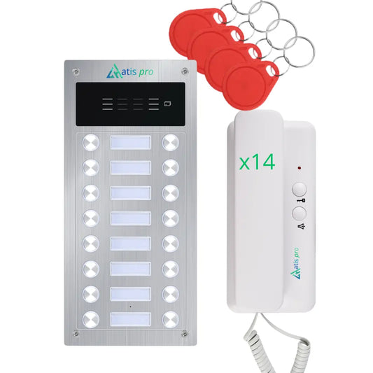 Kit d'interphone 2 fils antivandalisme pour 8 appartements avec lecteur RFID | Livré avec interphones et alimentation | Installation très facile. Installation encastrée ou en saillie.
