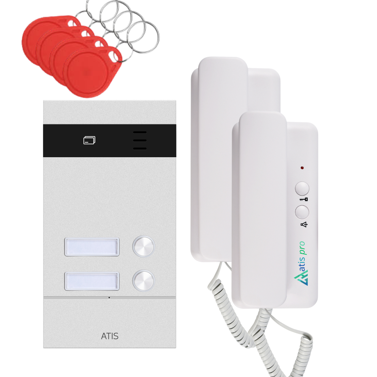 Kit citofonico a 2 fili antivandalismo per 2 appartamenti con lettore RFID | Completo di citofoni e alimentatore | Facilissimo da installare. Installazione a incasso e a parete.