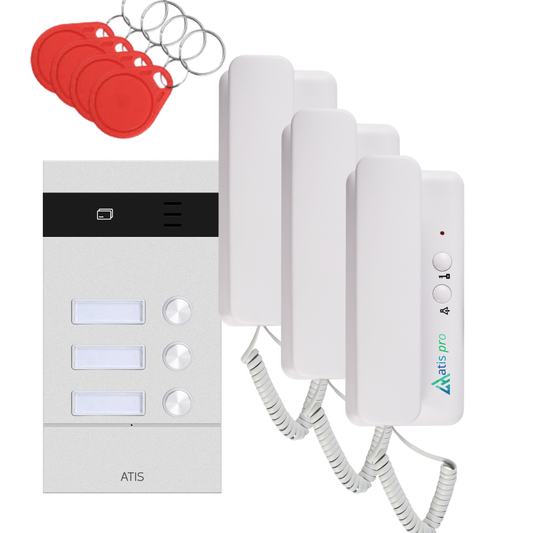 Kit d’interphone antivandale 2 fils pour 3 logements avec lecteur RFID | Combinés intérieurs et alimentation inclus | Installation facile | Pose encastrée ou en saillie