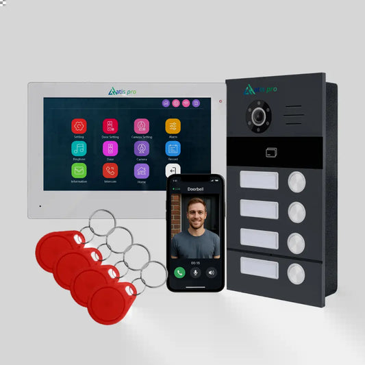 Videocitofono ATIS Pro Wi-Fi, sistema a 2 fili senza polarità, monitor touchscreen da 7" per 3 appartamenti con RFID