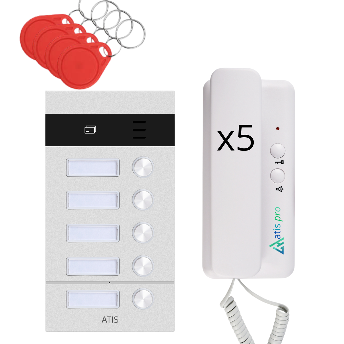Kit citofonico a 2 fili antivandalismo per 5 appartamenti con lettore RFID | Completo di citofoni e alimentatore | Facilissimo da installare. Installazione a incasso e a parete.