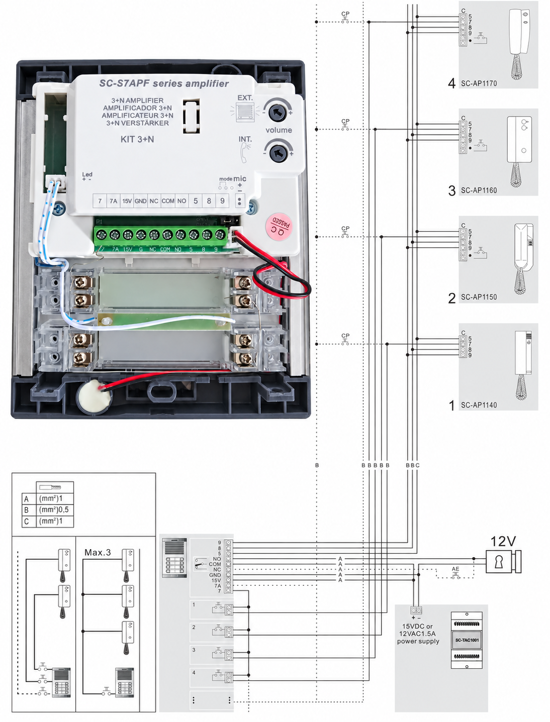 Audio-Türsprechanlagen-Set – 2-Draht, einfache Installation, für Wohnanlagen mit 3 Wohnungen, komplett mit Außenstation, Gehäuse, DIN-Netzteil 12 Vac/1 A und 3 Innenstationen