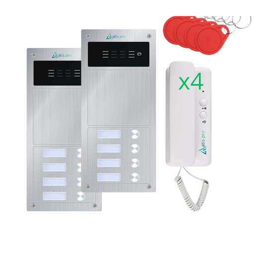 4-Apartment 2-Wire Anti-Vandal Door Entry Kit with RFID Reader | Complete with Indoor Handsets and Power Supply | Very Easy to Install | Flush or Surface Mounting