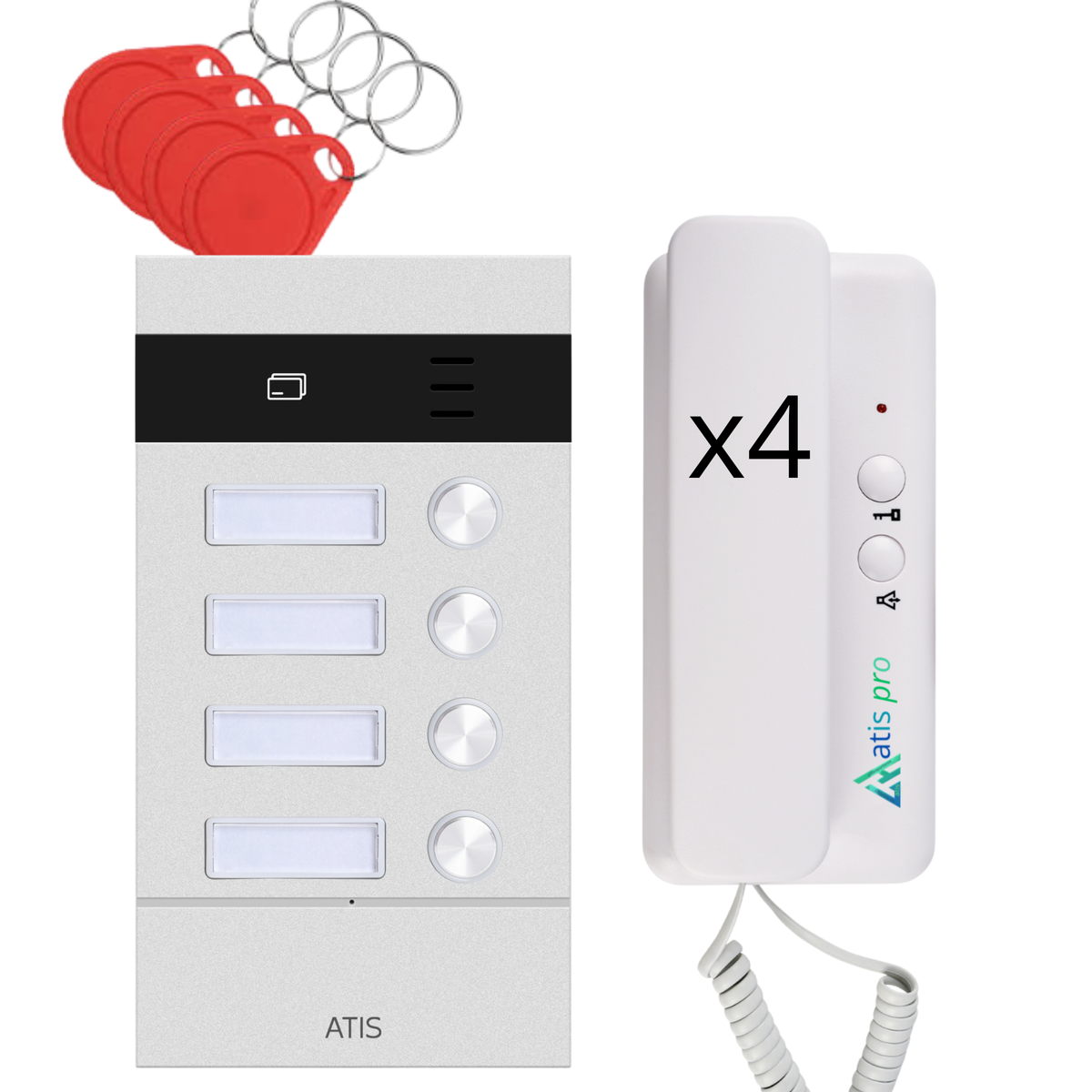 Kit citofonico a 2 fili antivandalismo per 4 appartamenti con lettore RFID | Completo di citofoni e alimentatore | Facilissimo da installare. Installazione a incasso e a parete.