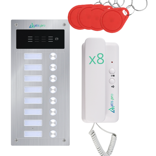 Kit de Portero Automático 2 Hilos  8 viviendas Antivandálico con Lector RFID | Completo con Telefonillos, Fuente de Alimentación | Muy Fácil de Instalar.colocación  para empotrar y en superficie