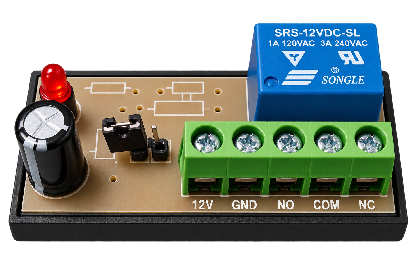 Módulo relé 12 V CA/CC con contactos secos COM, NO y NC ENTRADA DE 12 V CA/CC: Se activa mediante una señal de 12 V, tanto en corriente alterna como en corriente continua.