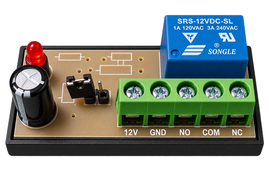 Módulo relé 12 V CA/CC con contactos secos COM, NO y NC ENTRADA DE 12 V CA/CC: Se activa mediante una señal de 12 V, tanto en corriente alterna como en corriente continua.