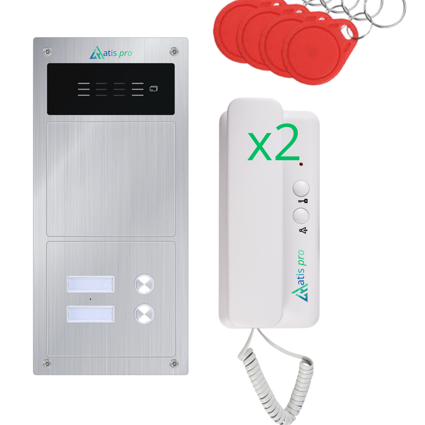 Kit d'interphone 2 fils antivandalisme pour 2 appartements avec lecteur RFID | Livré avec interphones et alimentation | Installation très facile. Installation encastrée ou en saillie.