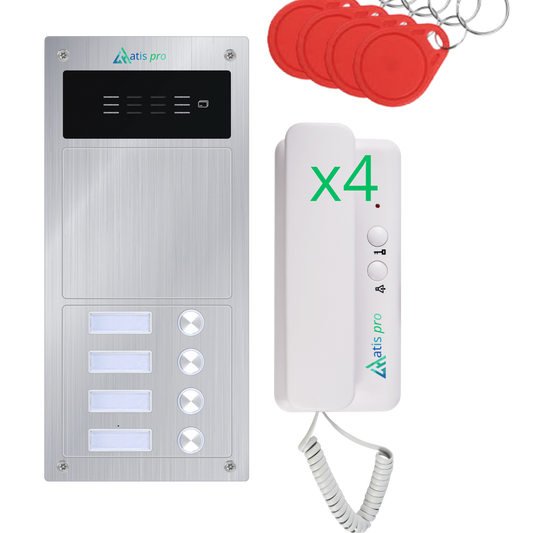 Kit de Portero Automático 2 Hilos  4 viviendas Antivandálico con Lector RFID | Completo con Telefonillos, Fuente de Alimentación | Muy Fácil de Instalar.colocación  para empotrar y en superficie
