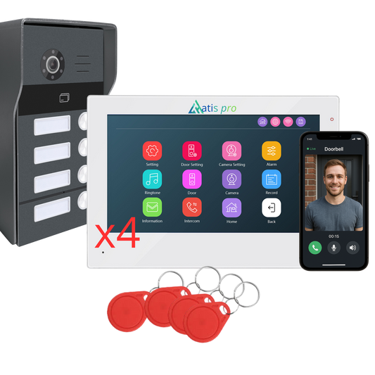 Videoportero ATIS pro wifi  ,sistema 2 hilos sin polaridad , Monitor táctil 7"  para 4 viviendas con RFID