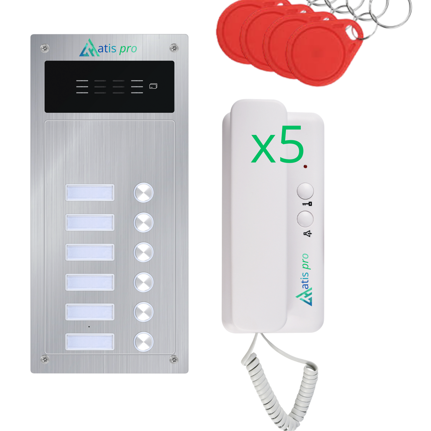 Kit d'interphone 2 fils antivandalisme pour 5 appartements avec lecteur RFID | Livré avec interphones et alimentation | Installation très facile. Installation encastrée ou en saillie.
