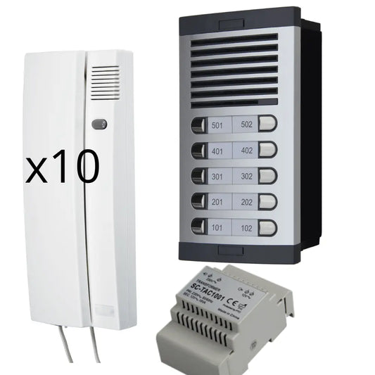 Kit de Portero Automático - 2 Hilos,facil instalación, para comunidades 10 viviendas Completo, Placa de Calle, Caja, alimentador DIN 12Vac/1A y 10 teléfonillos