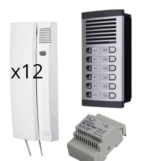 Kit de Portero Automático - 2 Hilos,facil instalación, para comunidades 12 viviendas Completo, Placa de Calle, Caja, alimentador DIN 12Vac/1A y 12 teléfonillos