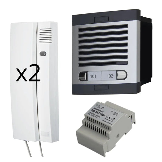 Kit de Portero Automático - 2 Hilos,facil instalación, para comunidades 2 viviendas Completo, Placa de Calle, Caja, alimentador DIN 12Vac/1A y 2 teléfonillos