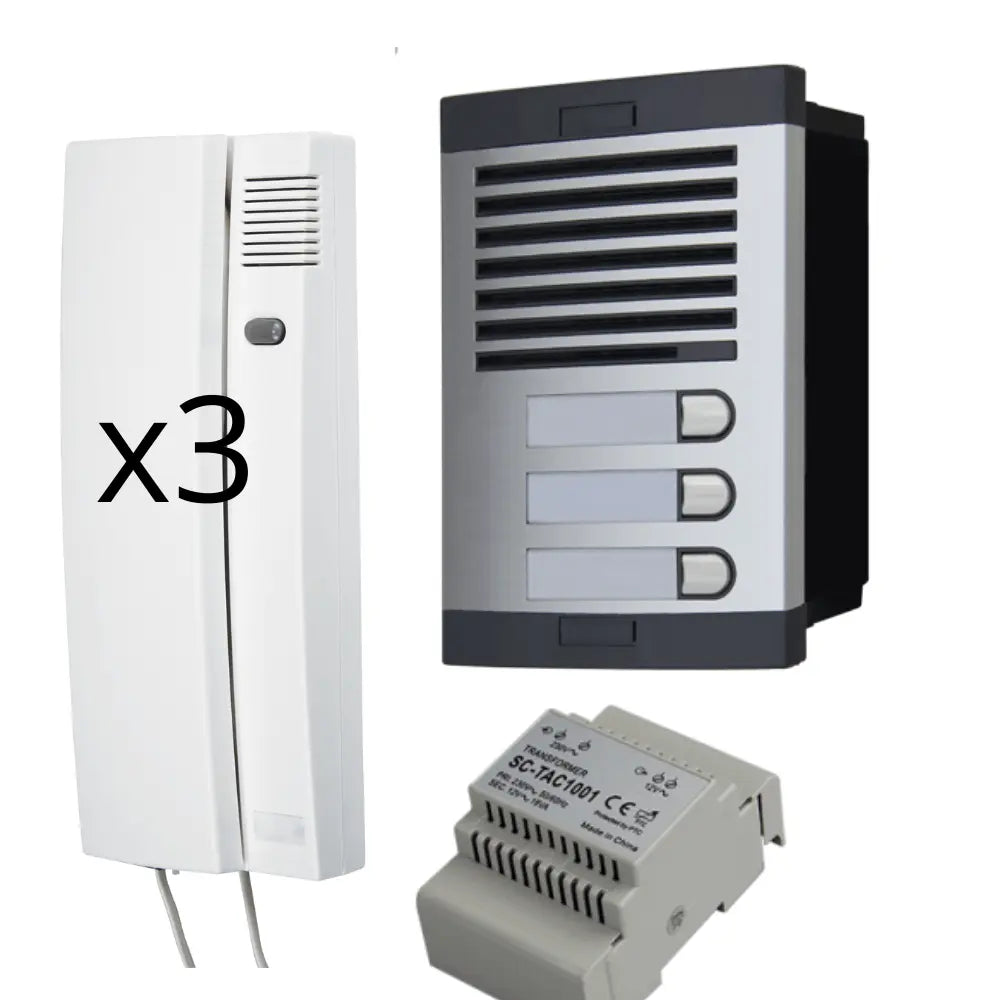 Kit de Portero Automático - 2 Hilos,facil instalación, para comunidades 3 viviendas Completo, Placa de Calle, Caja, alimentador DIN 12Vac/1A y 3 teléfonillos