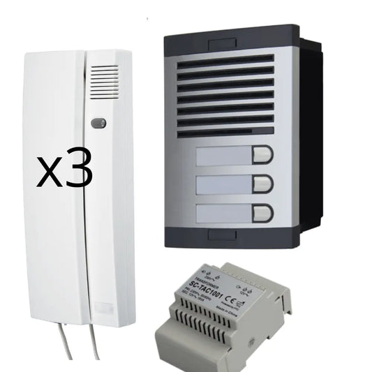 Kit de Portero Automático - 2 Hilos,facil instalación, para comunidades 3 viviendas Completo, Placa de Calle, Caja, alimentador DIN 12Vac/1A y 3 teléfonillos