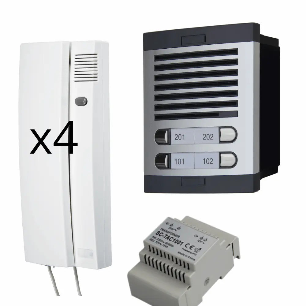 Kit di ingresso automatico con citofono - 2 fili, facile installazione, per comunità di 4 case. Completo di pulsantiera stradale, scatola, alimentatore DIN 12 Vac/1 A e 4 telefoni.