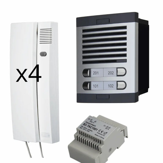 Kit de Portero Automático - 2 Hilos,facil instalación, para comunidades 4 viviendas Completo, Placa de Calle, Caja, alimentador DIN 12Vac/1A y 4 teléfonillos