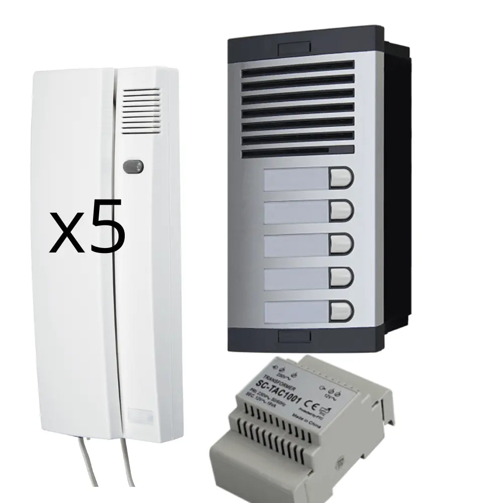 Kit de Portero Automático - 2 Hilos,facil instalación, para comunidades 5 viviendas Completo, Placa de Calle, Caja, alimentador DIN 12Vac/1A y  5 teléfonillos