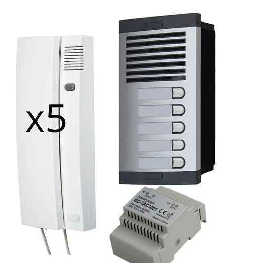 Kit de Portero Automático - 2 Hilos,facil instalación, para comunidades 5 viviendas Completo, Placa de Calle, Caja, alimentador DIN 12Vac/1A y  5 teléfonillos