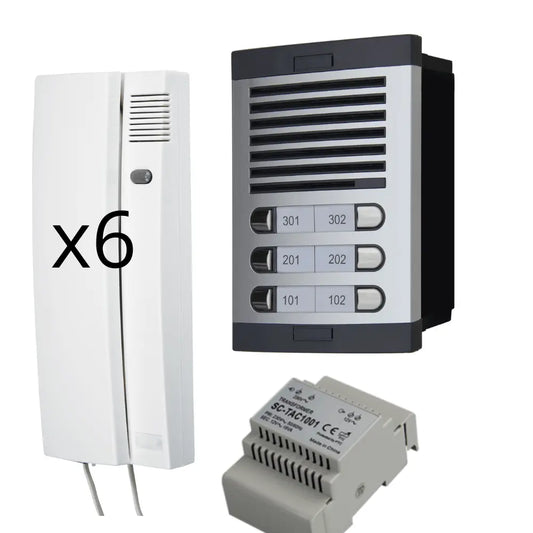 Kit de Portero Automático - 2 Hilos,facil instalación, para comunidades 6 viviendas Completo, Placa de Calle, Caja, alimentador DIN 12Vac/1A y 6 teléfonillos