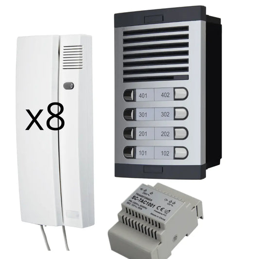 Kit de Portero Automático - 2 Hilos,facil instalación, para comunidades 8 viviendas Completo, Placa de Calle, Caja, alimentador DIN 12Vac/1A y 8 teléfonillos